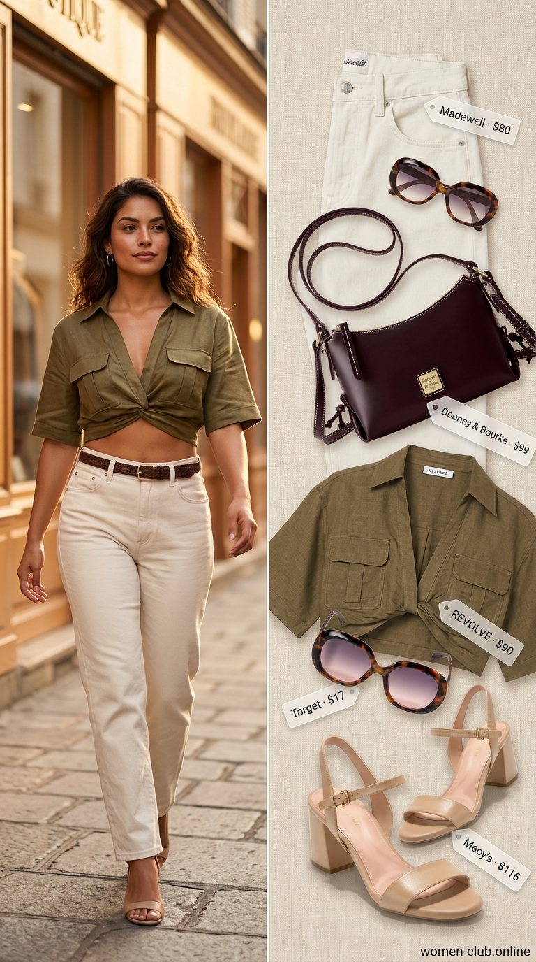 Summer Safari Chic: Trendy Summer Crop Top Outfits 2026 Trendy summer crop top outfits 2026: Olive green linen crop shirt with ecru jeans for a sophisticated safari chic look.