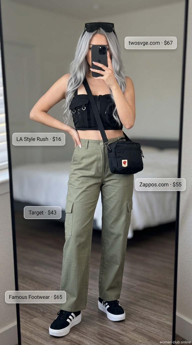 Urban Edge Explorer: Trendy Summer Crop Top Outfits 2026 Trendy summer crop top outfits 2026: Black utility cargo crop top with khaki cargo pants for an edgy urban explorer look.