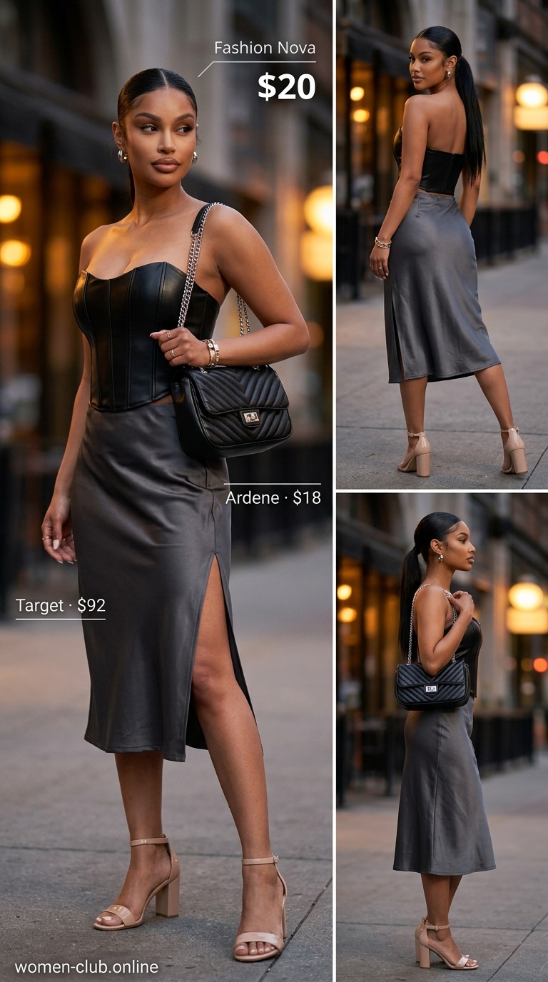 Urban Edge Night Out: Trendy Summer Crop Top Outfits 2026 Trendy summer crop top outfits 2026: Black corset crop top with charcoal midi skirt for an edgy night out.