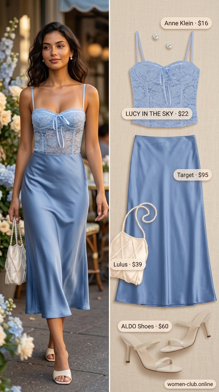 Garden Party Crop Top Outfits 2026 Pastel blue corset crop top outfit for a whimsical garden party in 2026. Elegant and feminine.