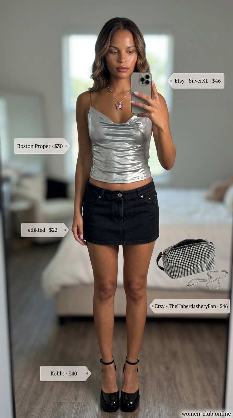 Y2K Night Out Glam: Trendy Summer Crop Top Outfits 2026 Trendy summer crop top outfits 2026: Metallic silver crop top with black denim mini skirt for a Y2K night out.