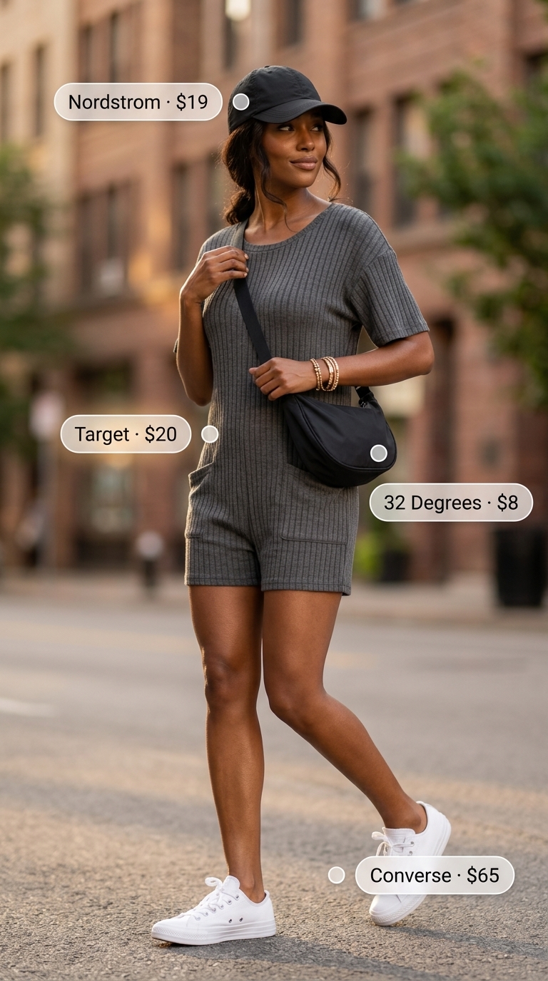 Trendy summer romper outfits for women 2026: Charcoal grey knit romper, white sneakers, black crossbody bag, and baseball cap.