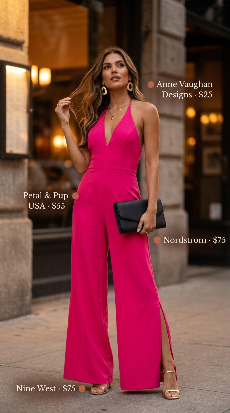 Trendy summer romper outfits for women 2026: Fuchsia satin romper, gold heels, statement earrings, and black clutch.