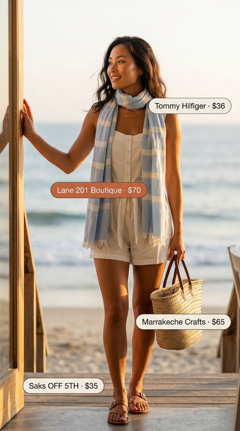 Trendy summer romper outfits for women 2026: Ivory linen romper with tan slides, straw tote, and blue striped scarf for coastal vibes.