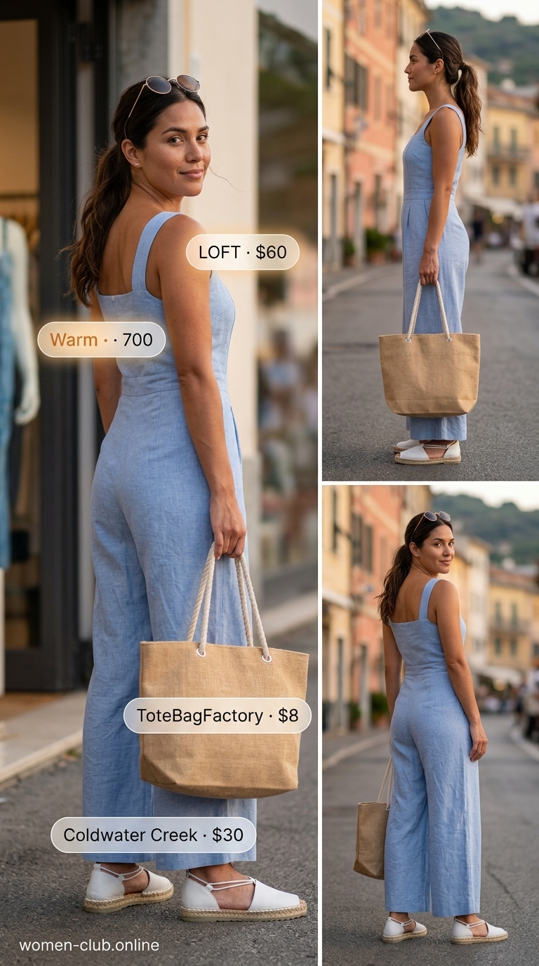 Trendy summer romper outfits for women 2026: Sky blue linen romper with espadrilles, canvas tote, and sunglasses for coastal town visits.