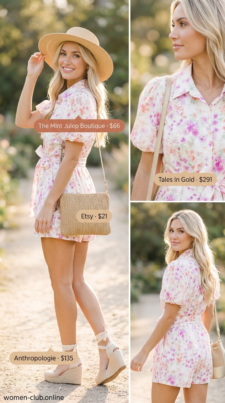 Trendy summer romper outfits for women 2026: Pastel pink floral romper with puff sleeves, espadrilles, and straw bag for garden parties.