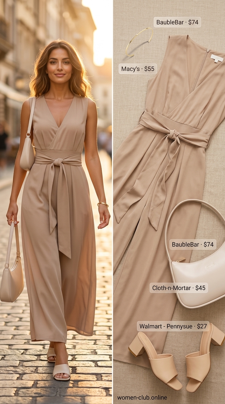 Trendy summer romper outfits for women 2026: Beige sleeveless wide-leg romper with block heels and structured shoulder bag for smart casual.
