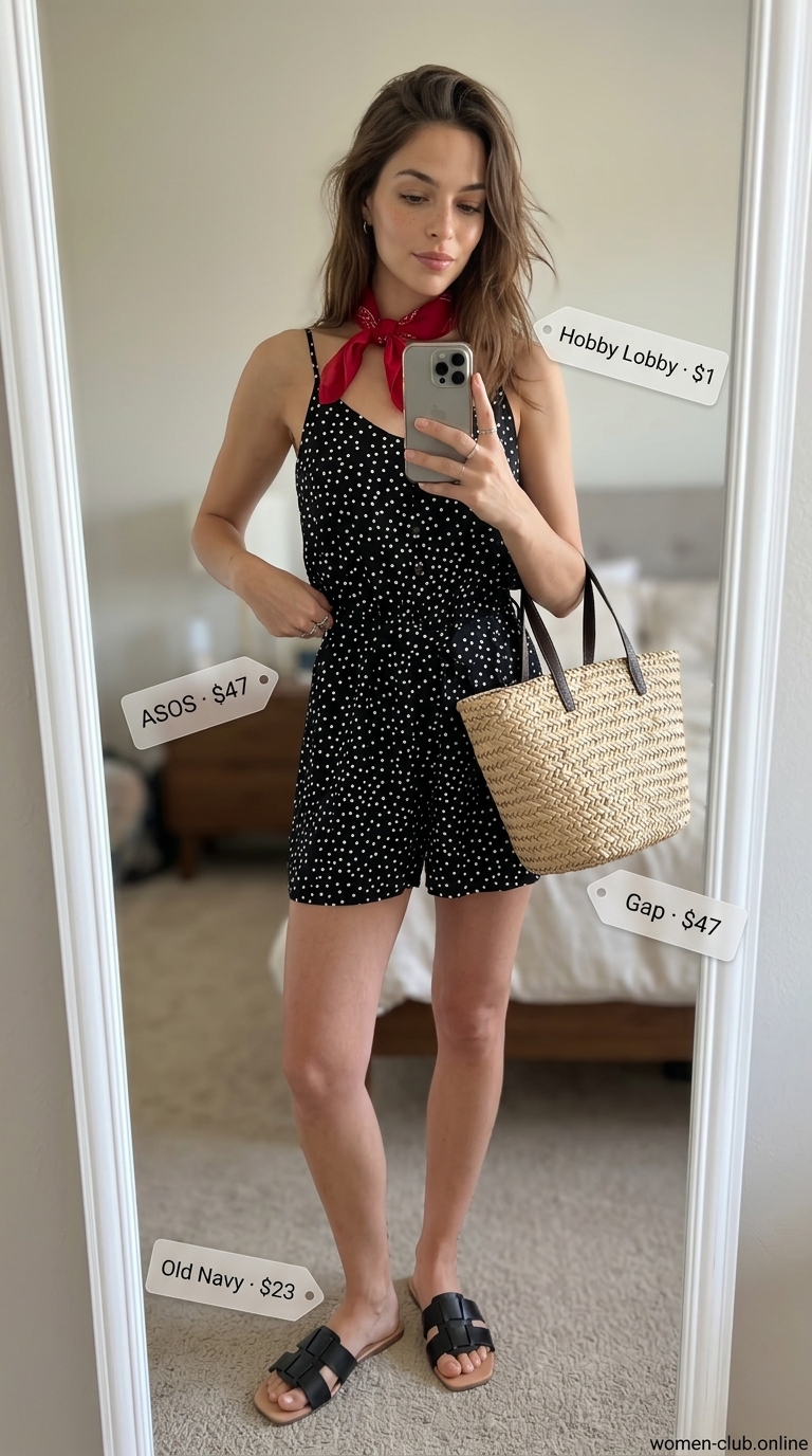 Trendy summer romper outfits for women 2026: Black and white polka dot romper with red bandana, straw tote, and slide sandals for day parties.