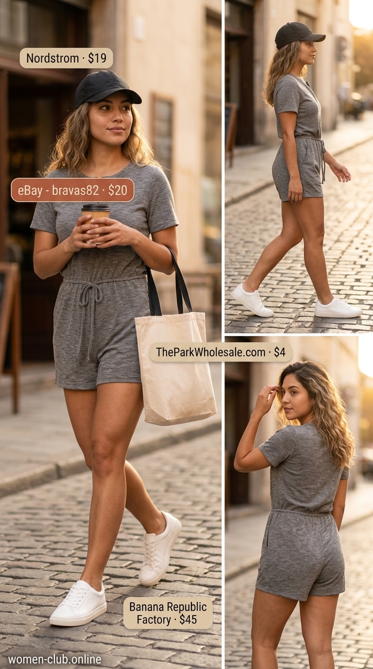 Trendy summer romper outfits for women 2026: Heather grey knit romper with sneakers, baseball cap, and canvas tote for athleisure.