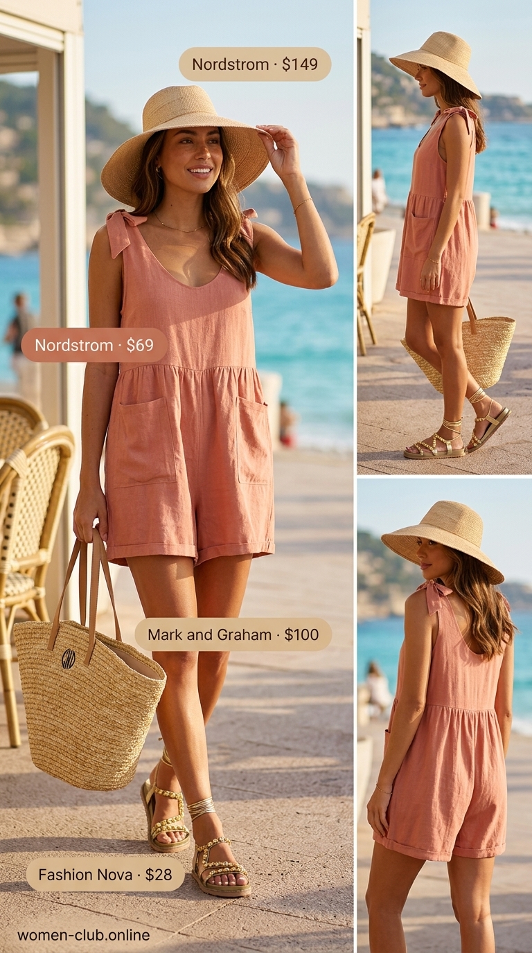 Trendy summer romper outfits for women 2026: Coral linen romper with straw hat, embellished sandals, and oversized tote for beach days.