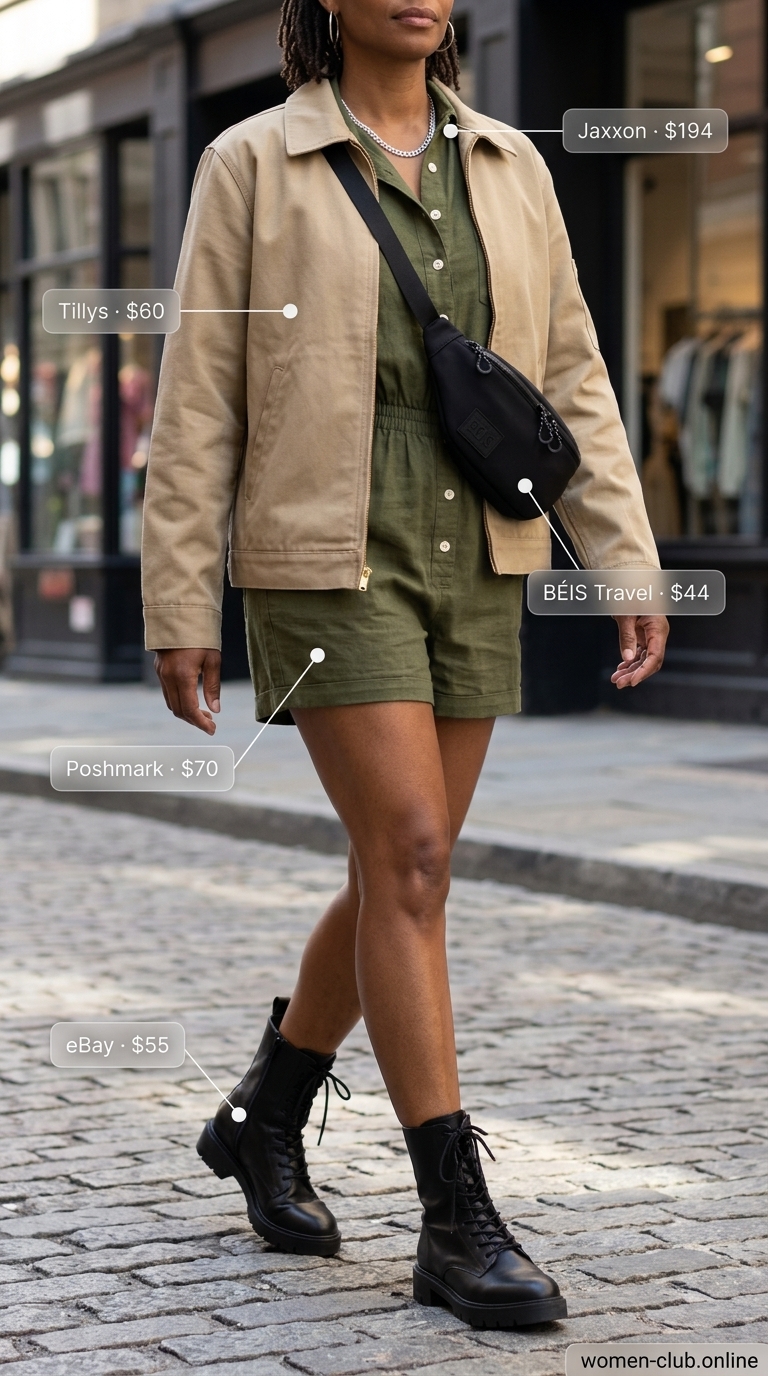Trendy summer romper outfits for women 2026: Olive green utility romper with khaki jacket, combat boots, and belt bag for city exploration.