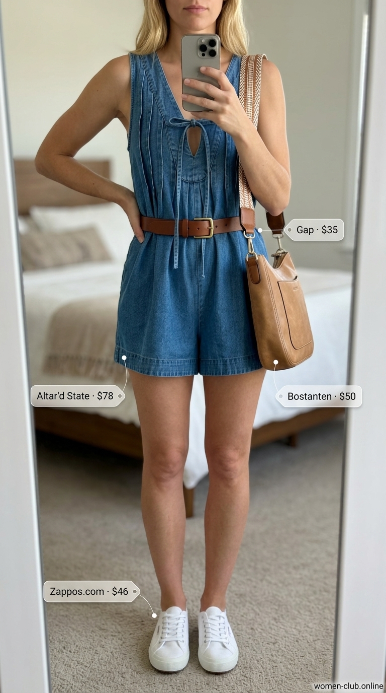 Trendy summer romper outfits for women 2026: Denim romper for casual weekend style.