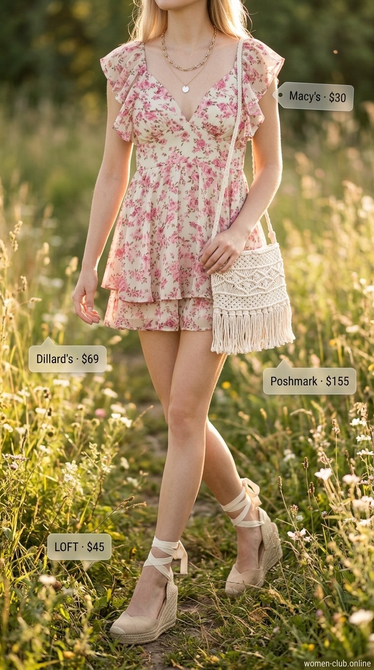 Trendy summer romper outfits for women 2026: Cream floral romper for boho festival style.