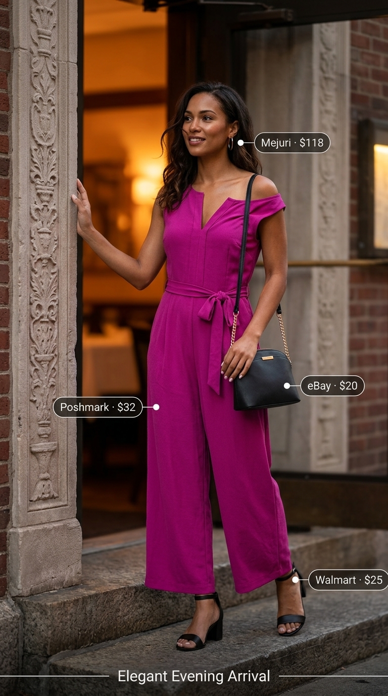 Trendy summer romper outfits for women 2026: Vibrant magenta romper with gold accents for date night.