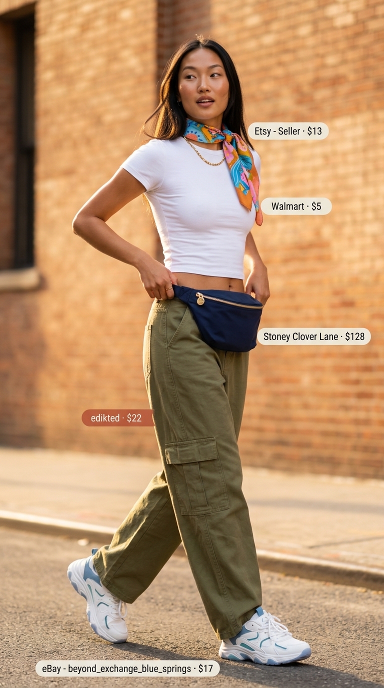 Trendy Y2K summer outfits for women 2026: Khaki cargo pants, baby tee, bandana, belt bag, and platform sneakers.