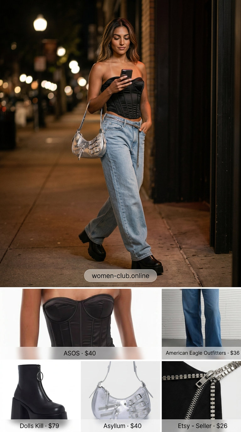 Trendy Y2K summer outfits for women 2026: Corset top, low-rise jeans, platform boots, chain belt, and shoulder bag.