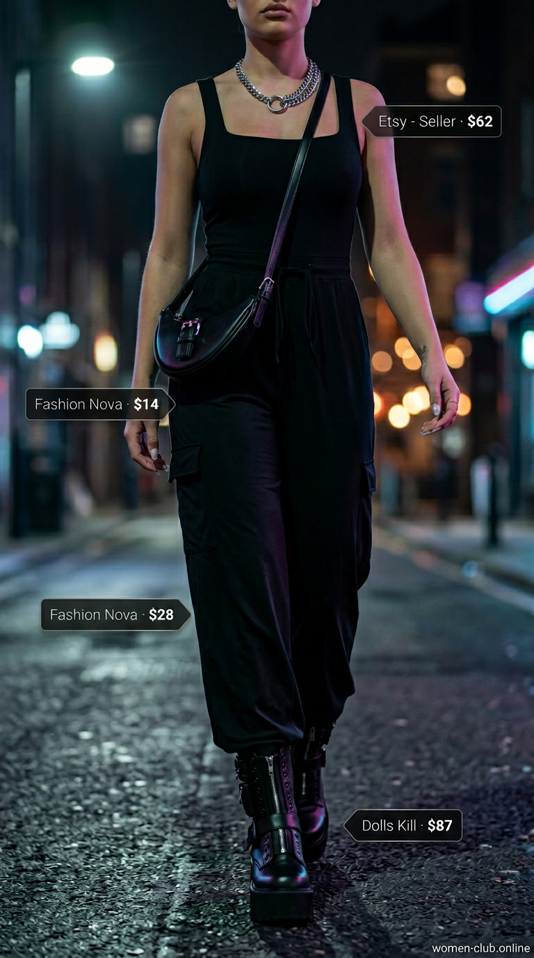 Trendy Y2K summer outfits for women 2026: Black utility jumpsuit, combat boots, crossbody bag, and silver chain necklace.