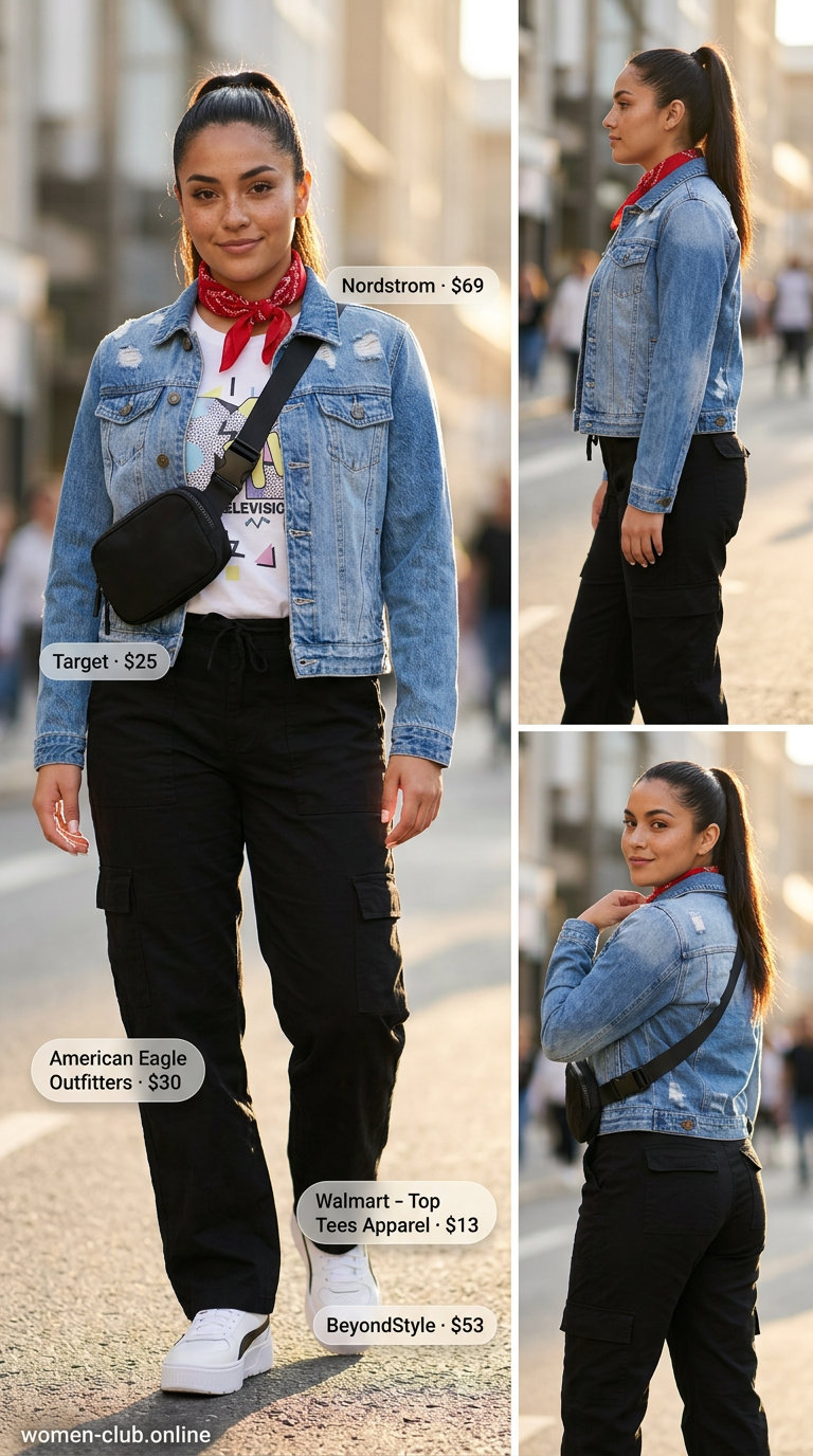 Trendy Y2K summer outfits for women 2026: Denim jacket, bandana, graphic tee, cargo pants, belt bag, and chunky sneakers.