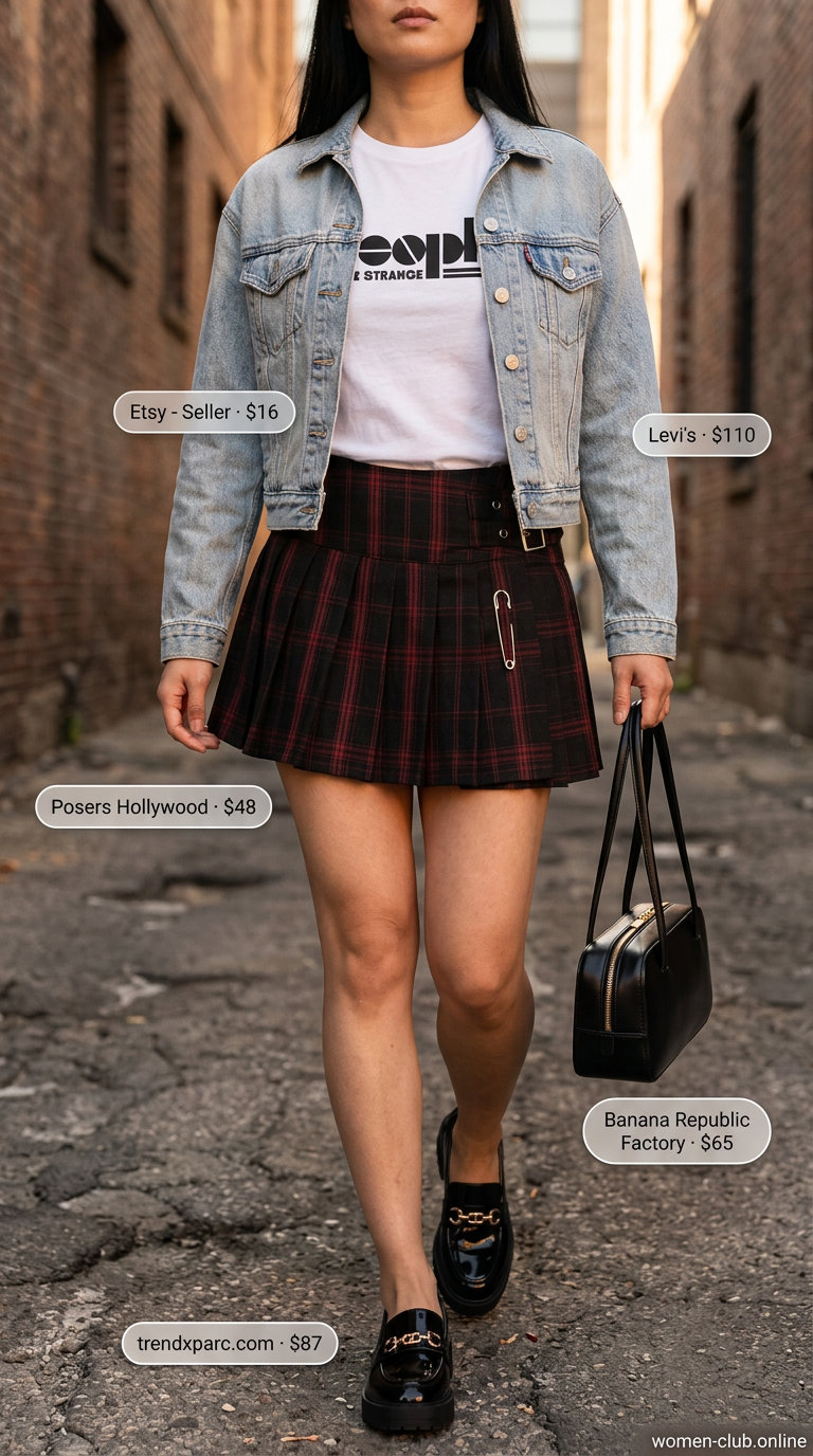 Trendy Y2K summer outfits for women 2026: Plaid mini skirt, graphic tee, denim jacket, loafers, and shoulder bag.