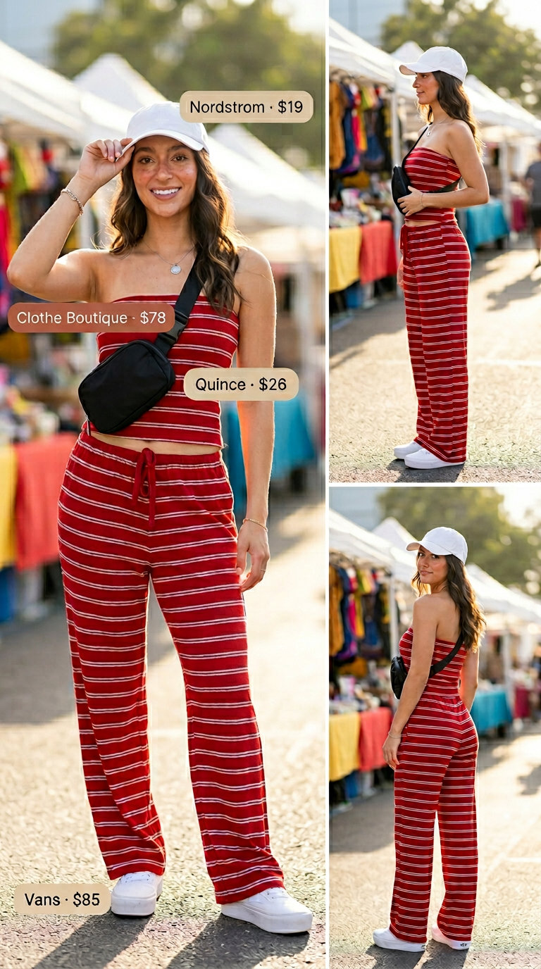 Trendy Y2K summer outfits for women 2026: Red and white stripe matching set, baseball cap, belt bag, and chunky sneakers.