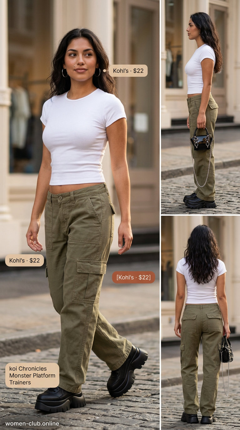 Trendy Y2K summer outfit for women 2026: Olive green cargo pants, white baby tee, and black platform sneakers for a casual outing.