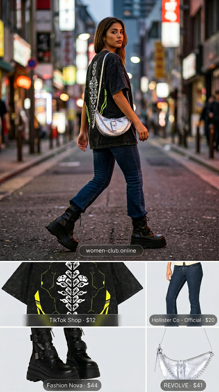 Trendy Y2K summer outfits for women 2026: Oversized cyber graphic tee, low-rise flare jeans, and combat boots for edgy streetwear.