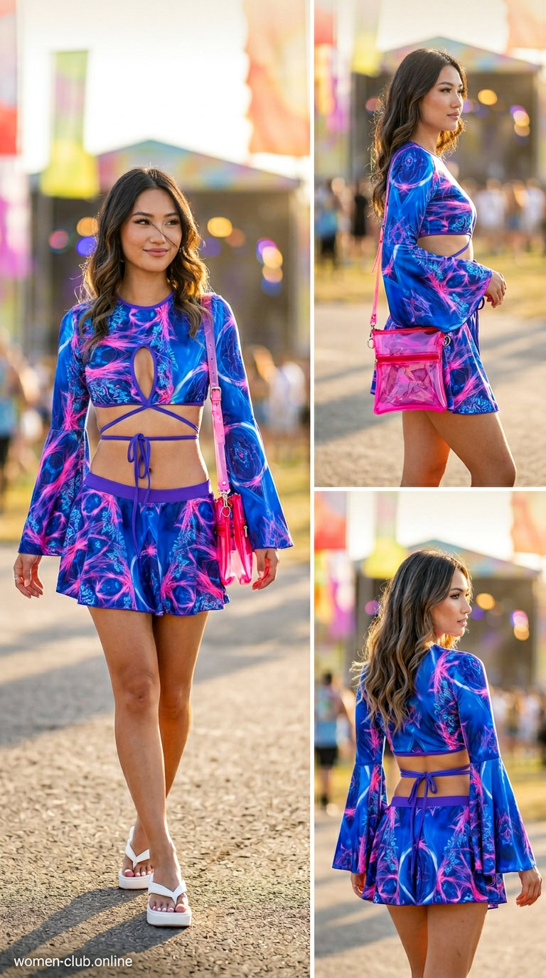 Trendy Y2K summer outfits for women 2026: Electric blue swirl print set with platform flip-flops for a fun festival vibe.