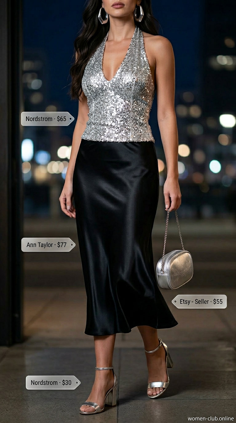 Trendy Y2K summer outfits for women 2026: Silver sequin halter top with black satin midi skirt for a glam night out.