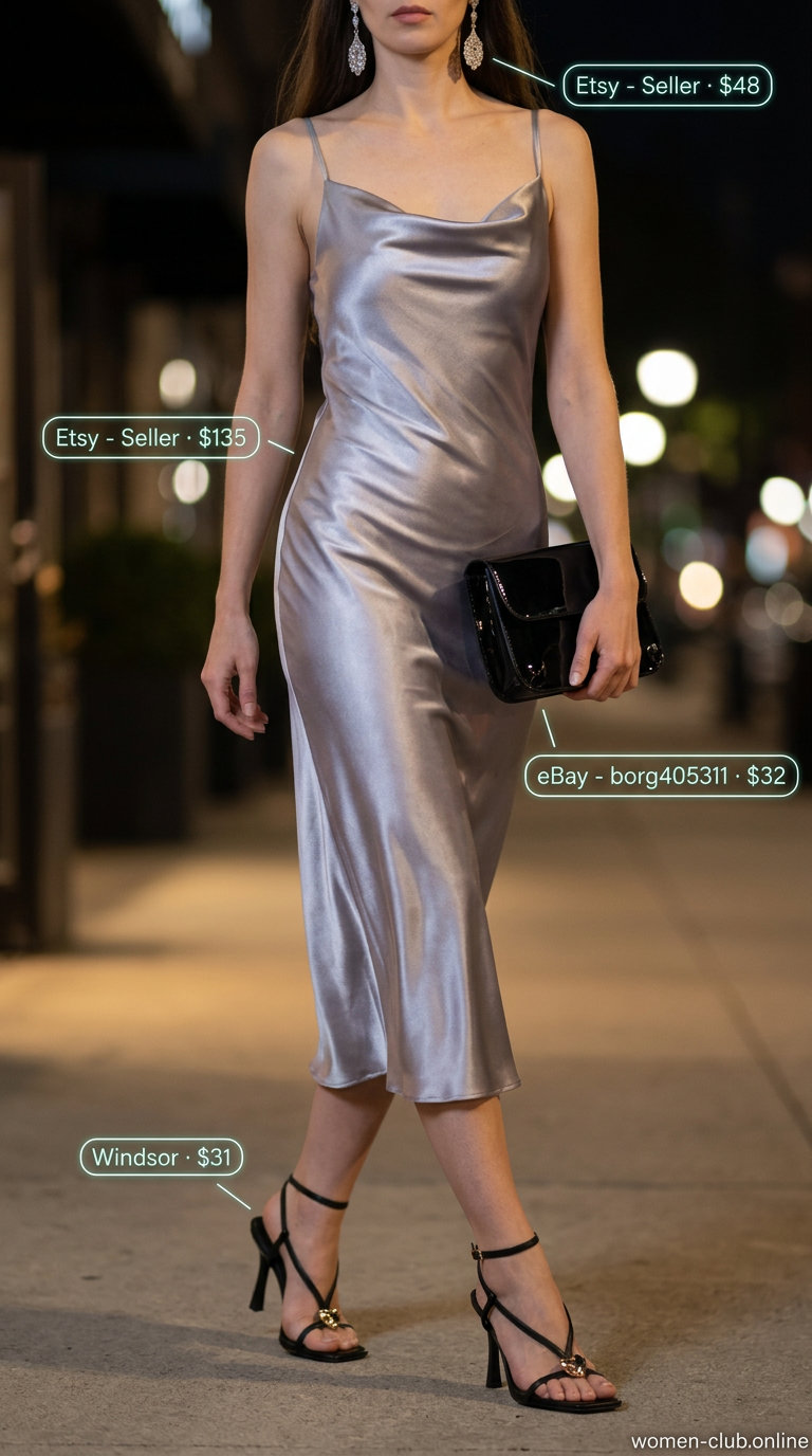 Trendy Y2K summer outfits for women 2026: Iridescent silver slip dress with black heels and chandelier earrings for a glamorous night out.