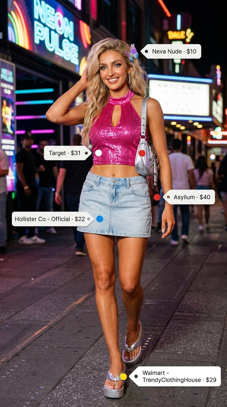 Trendy Y2K summer outfits for women 2026: Denim mini skirt, sequin halter top, and chunky flip-flops for a playful festival vibe.