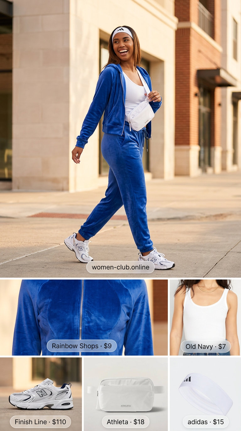 Trendy Y2K summer outfits for women 2026: Bright blue velour matching set with white tank and sneakers for a retro sporty vibe.