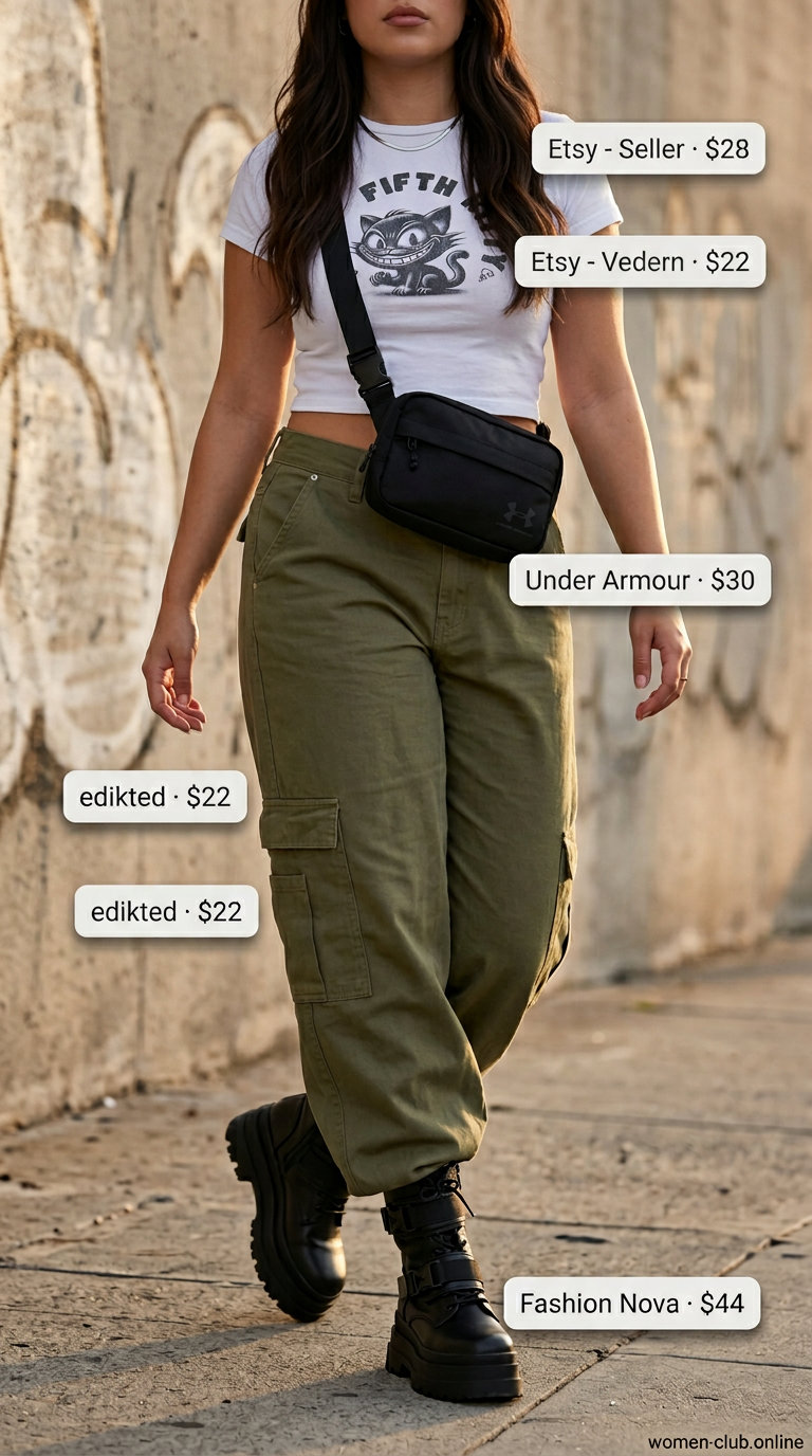 Trendy Y2K summer outfits for women 2026: Olive cargo pants, graphic tee, and combat boots for urban exploration street style.