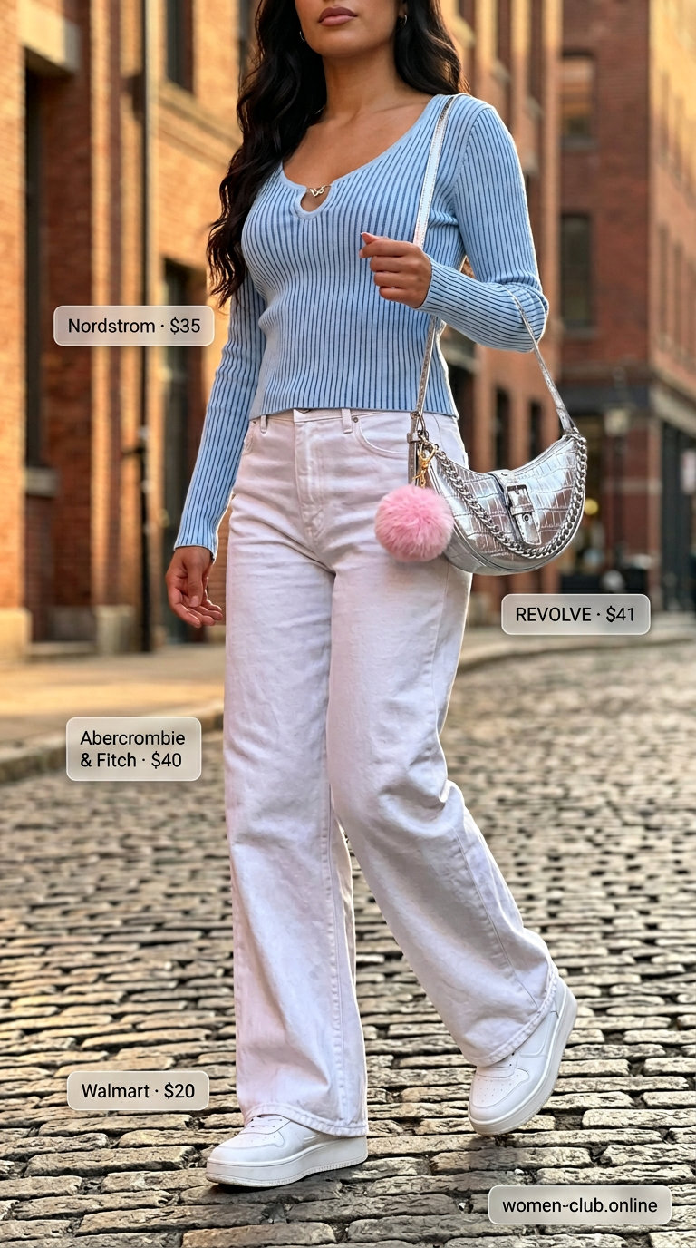 Y2K summer outfit: Pastel blue knit sweater, wide-leg jeans, and platform sneakers for a casual day.