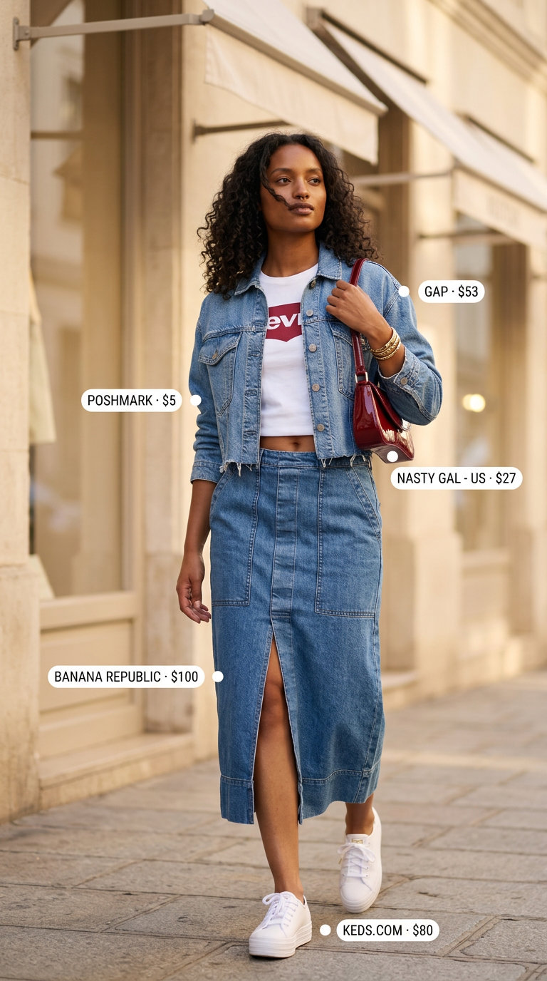 Trendy Y2K summer outfit: Denim midi skirt, graphic tee, cropped jacket, and platform sneakers for a day out.