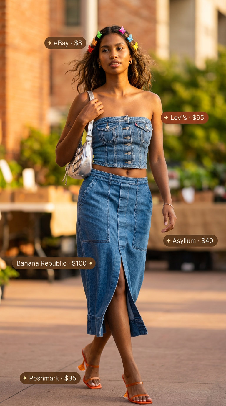 Y2K summer outfit: Denim tube top, midi skirt, jelly sandals, and butterfly clips for a retro vibe.