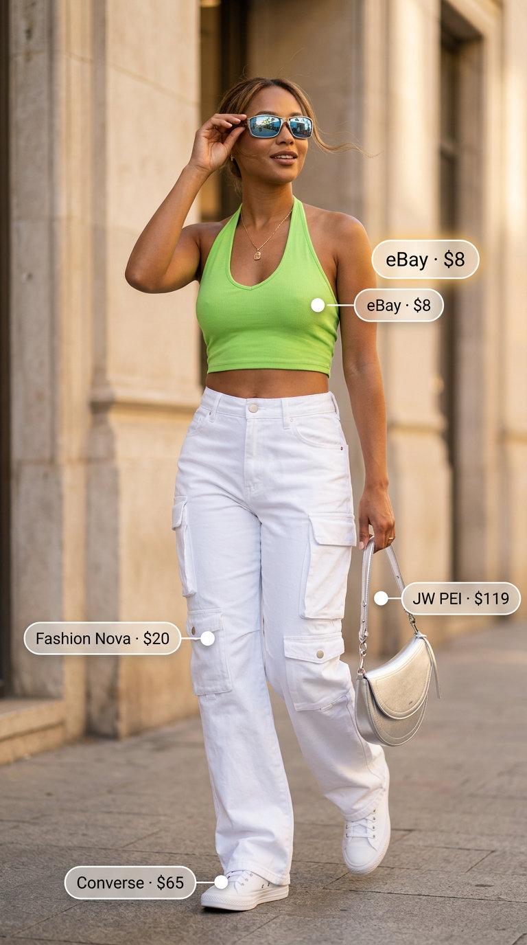 Trendy Y2K summer outfit: Lime green halter top, cargo pants, and sneakers for a fresh daytime look.