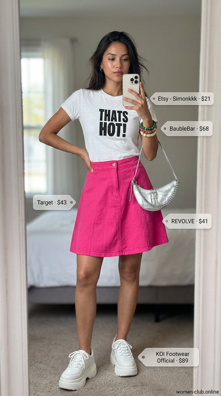Y2K summer outfit: Hot pink denim mini skirt, graphic tee, and chunky sneakers for a fun day out.
