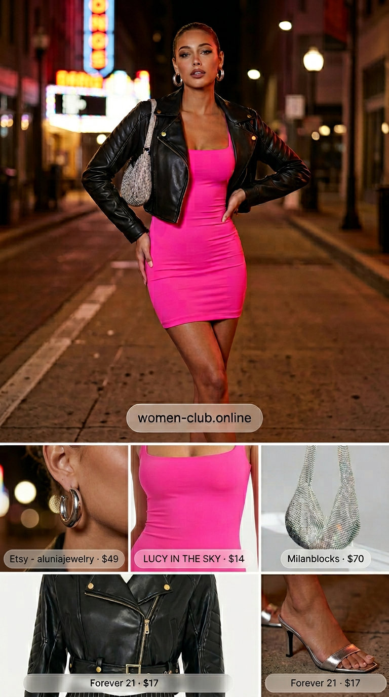 Y2K summer party outfit: Hot pink mini dress, moto jacket, platform heels, and rhinestone bag.