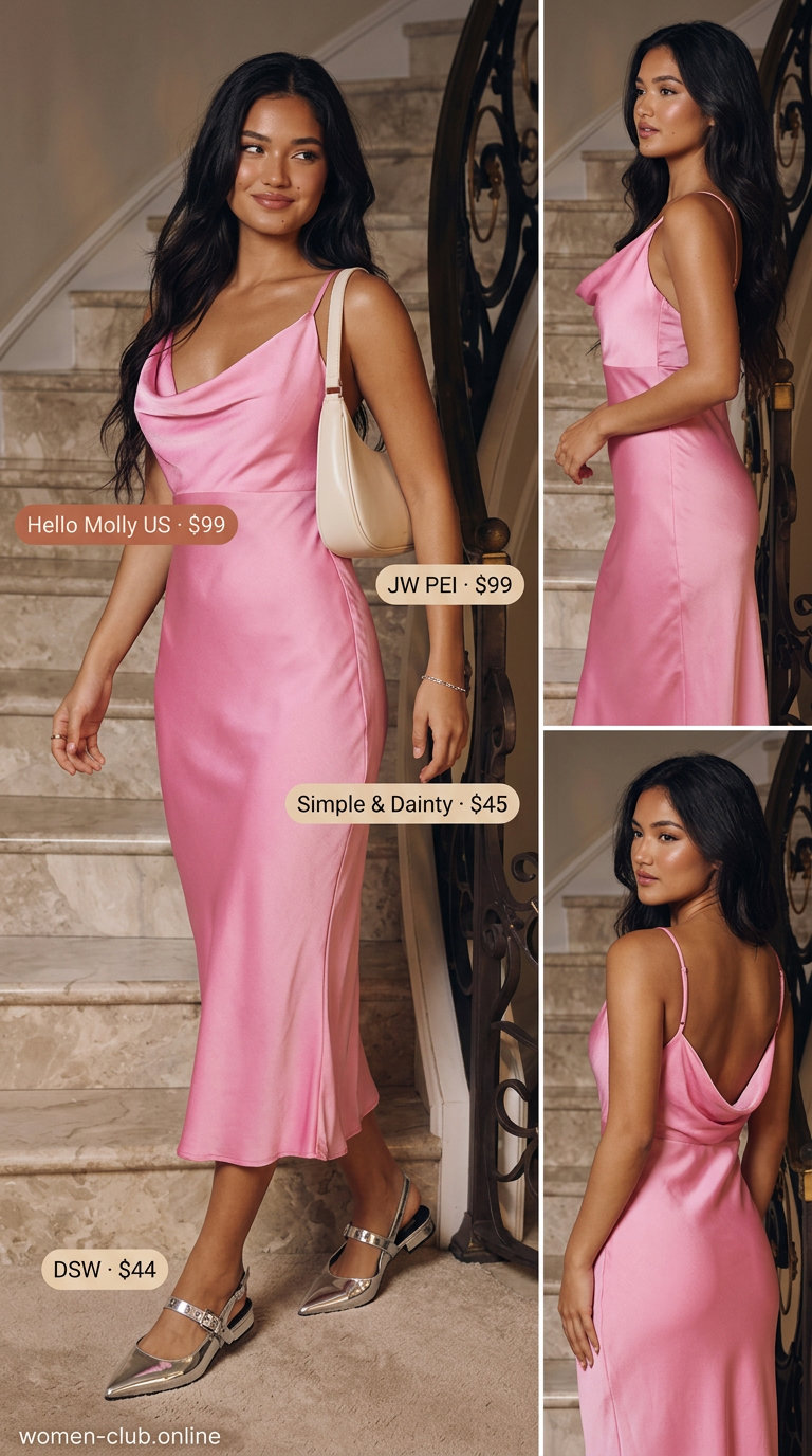 Trendy Y2K summer outfit: Pastel pink satin slip dress, silver ballet flats, and ruched bag for date night.