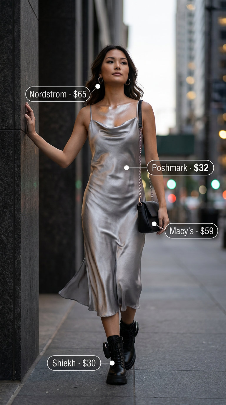 Cyberpunk Y2K summer outfit: Silver slip dress, combat boots, and crossbody bag for a night out.