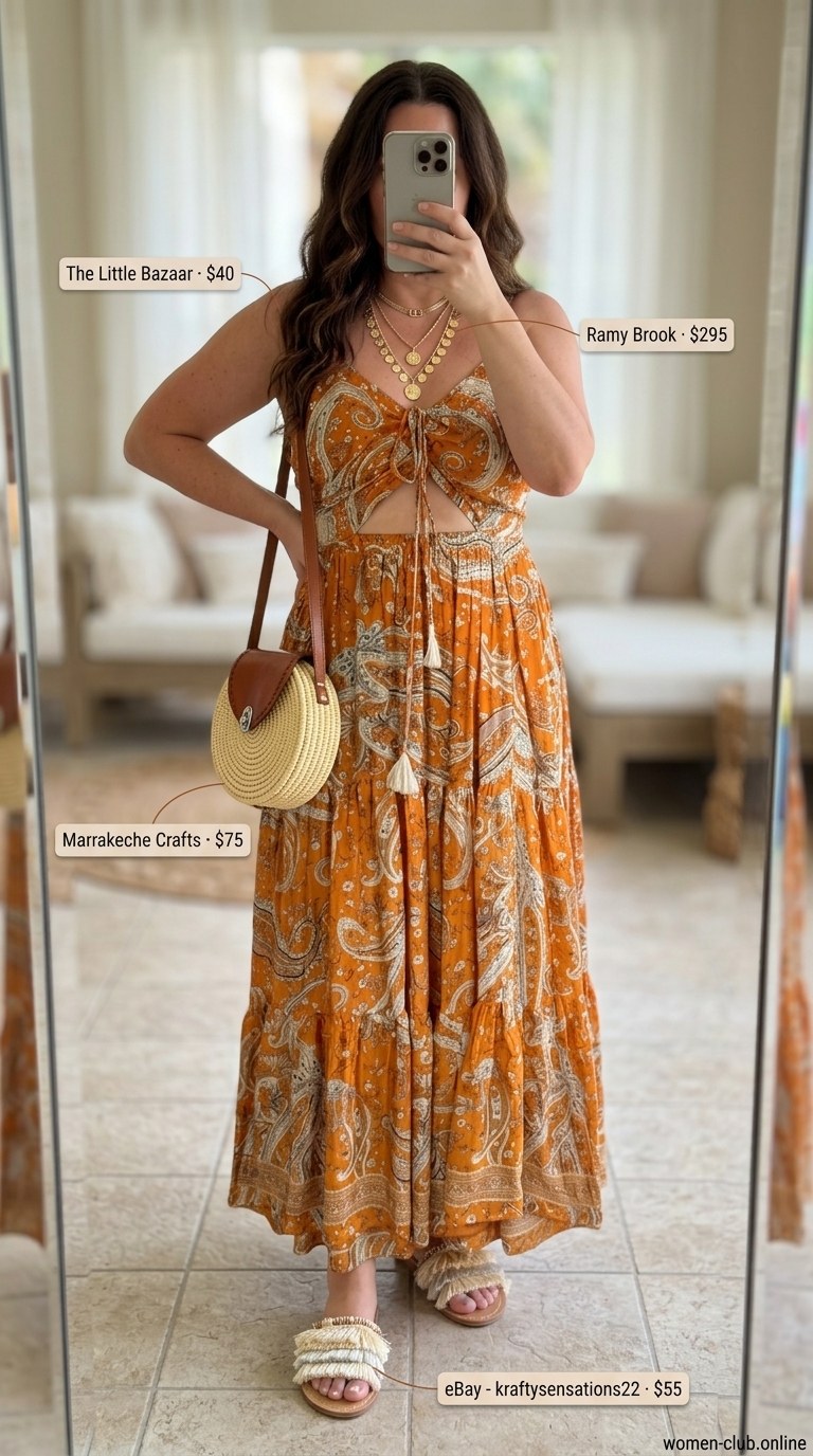 Bohemian tropical summer pool party outfits for women 2026: Paisley maxi dress, straw hat, straw crossbody bag, layered necklaces.