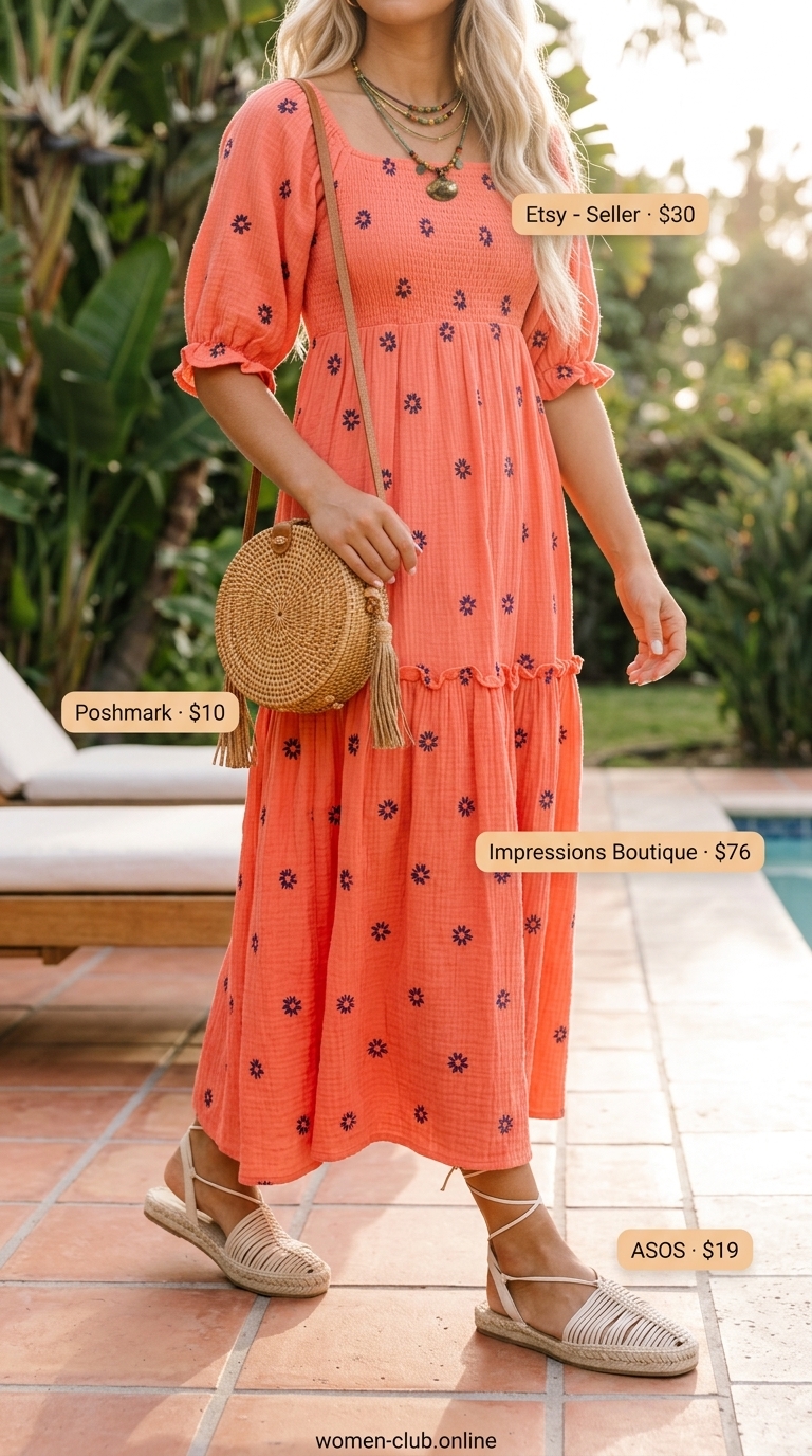 Boho coral sundress, straw hat & espadrilles for tropical summer pool party outfits for women 2026.