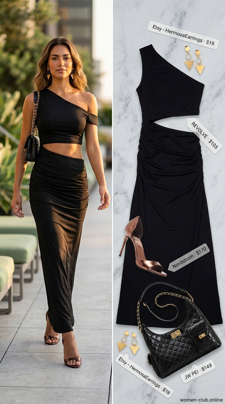 Edgy black maxi sundress, bronze heels & gold accessories for tropical summer pool party outfits for women 2026.