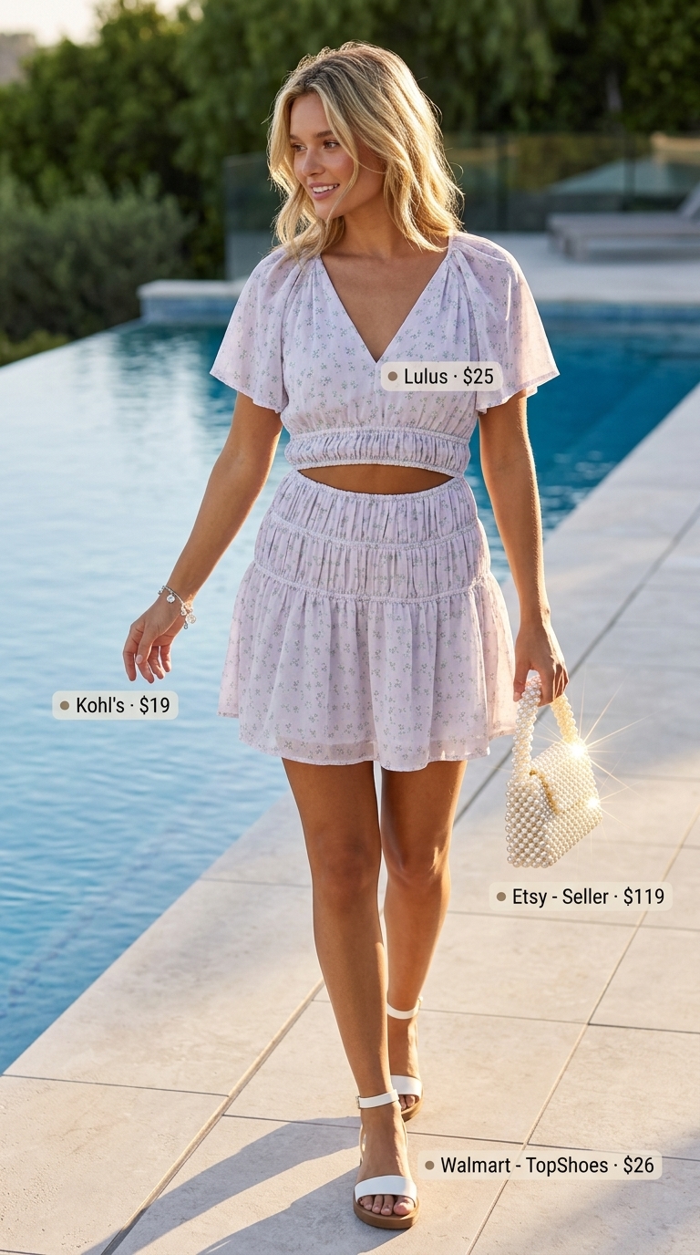 Sweet tropical summer pool party outfits for women 2026: Lavender floral mini sundress, pearl clutch, white flat sandals.