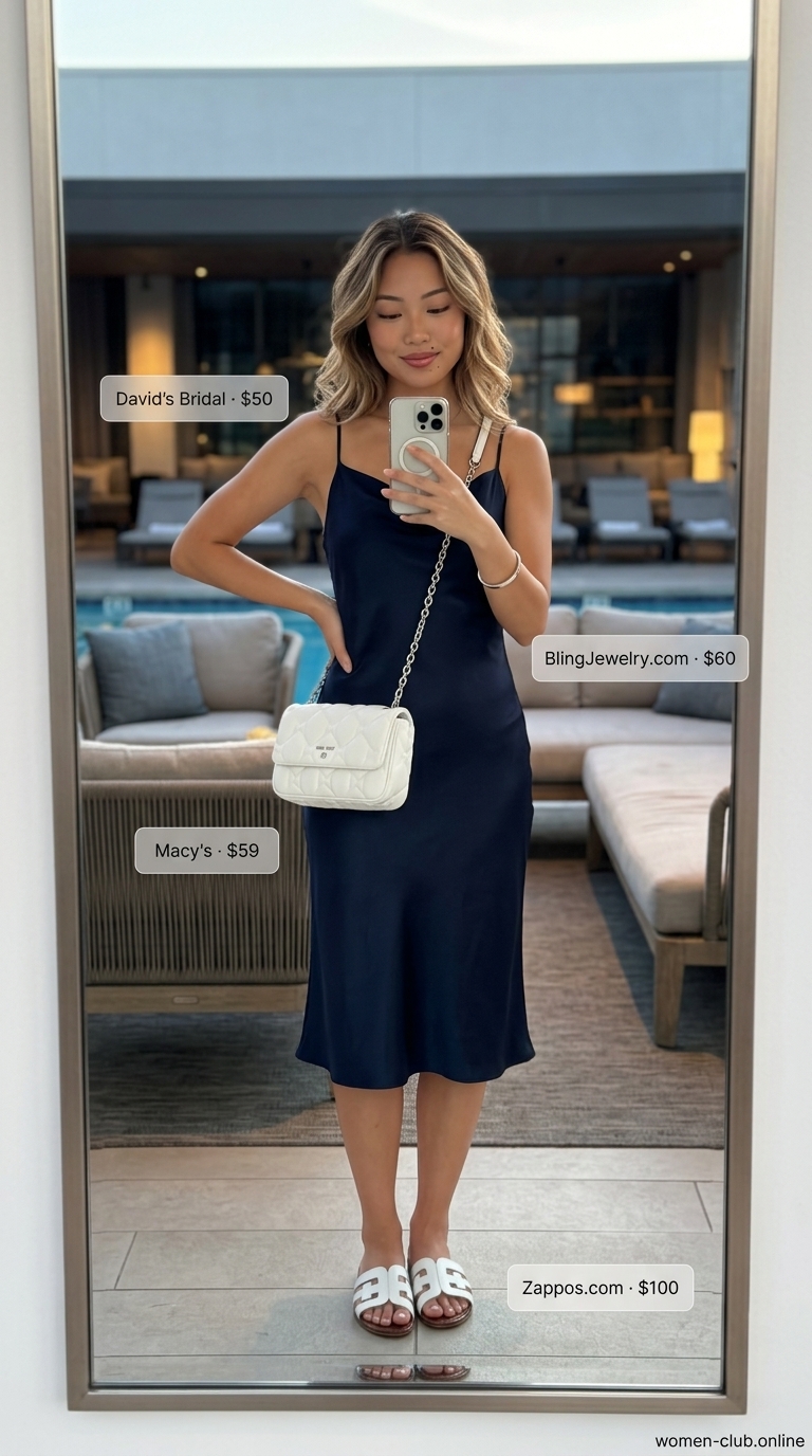 Chic tropical summer pool party outfits for women 2026: Navy satin slip dress, white shoulder bag, silver jewelry, white slides.