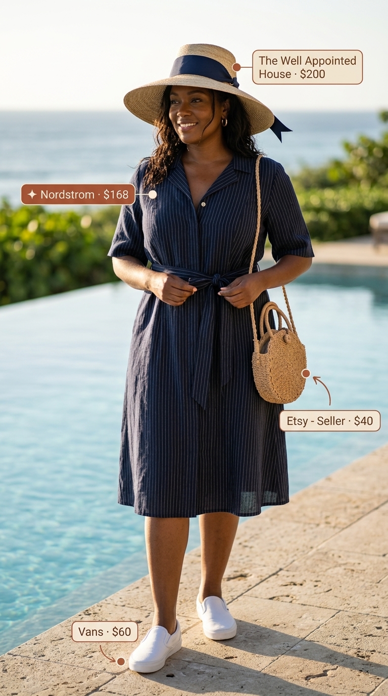 Navy and white striped shirtdress, straw hat & sneakers for tropical summer pool party outfits for women 2026.