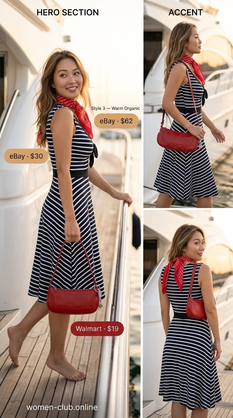 Nautical-themed tropical summer pool party outfit for women 2026: Navy & white striped sundress, red scarf, red crossbody bag, espadrille wedges.