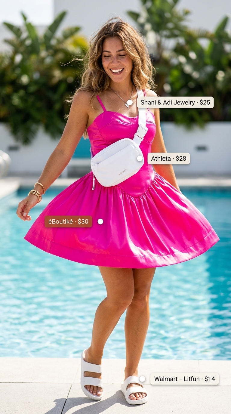 Hot pink mini sundress, white slides & silver necklace for tropical summer pool party outfits for women 2026.