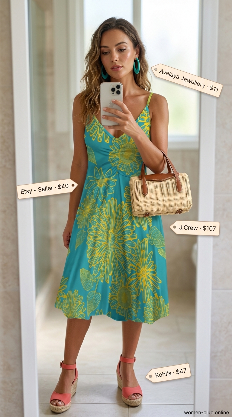 Retro tropical summer pool party outfits for women 2026: Teal palm print sundress, wicker bag, coral espadrilles, bandana.