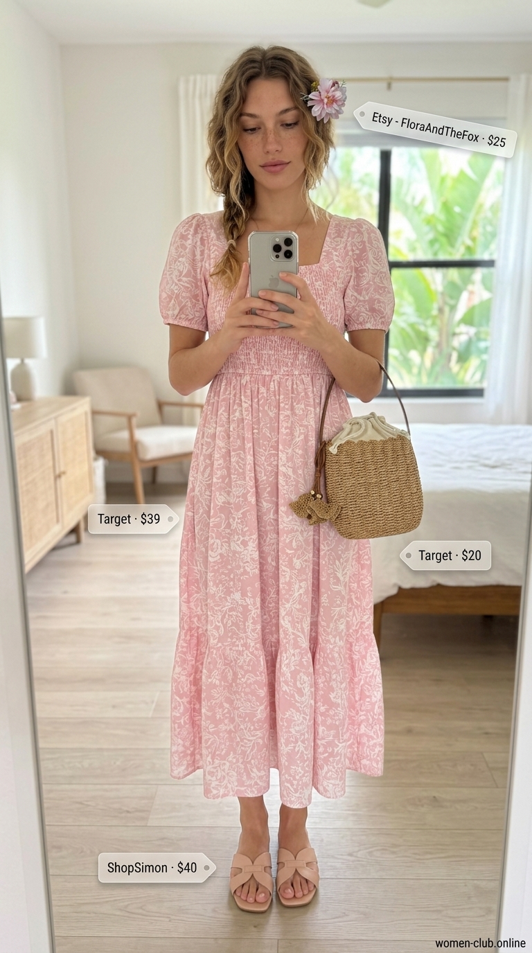 Romantic tropical summer pool party outfits for women 2026: Blush pink floral sundress, raffia bag, wooden earrings, nude slides.